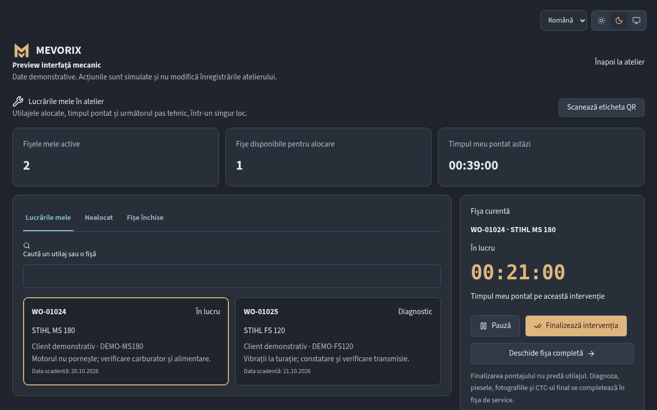 MEVORIX mechanic workspace with assigned repairs, timer and inspection tools